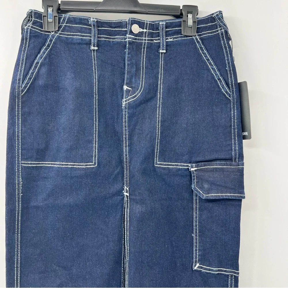 True Religion Cargo Denim Maxi Skirt 26 Dark Wash Y2K Utility NWT